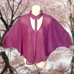 Vintage NASTY GAL Plum Purple Keyhole Cutout Sheer Batwing Crop Top Blouse